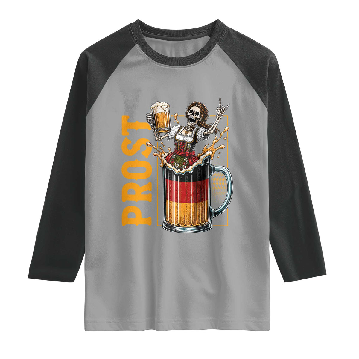 Funny Skeleton Oktoberfest Raglan Shirt Spooky Prost German Beer Drinker Graphic