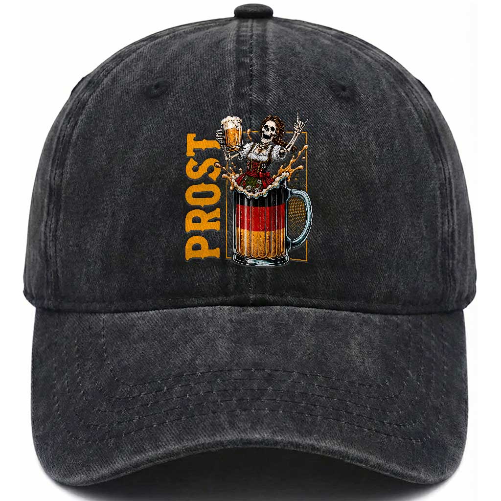 Funny Skeleton Oktoberfest Washed Cotton Baseball Cap Spooky Prost German Beer Drinker Graphic TS12 Print Your Wear