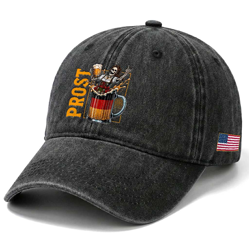 Funny Skeleton Oktoberfest Washed Cotton Baseball Cap Spooky Prost German Beer Drinker Graphic
