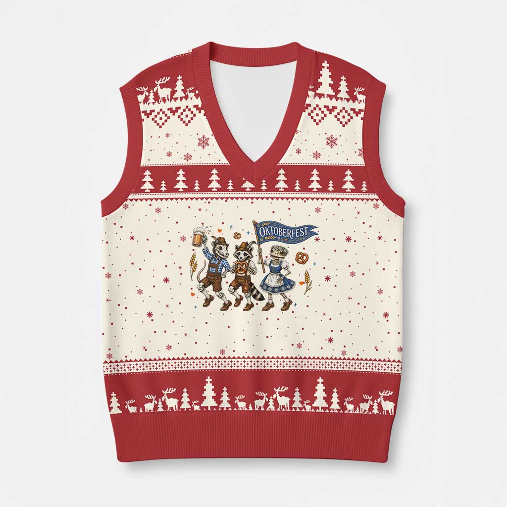 Funny Opossum Raccoon Frog Oktoberfest Beer Graphic V-Neck Knit Sweater Vest Spooky Drinking Team