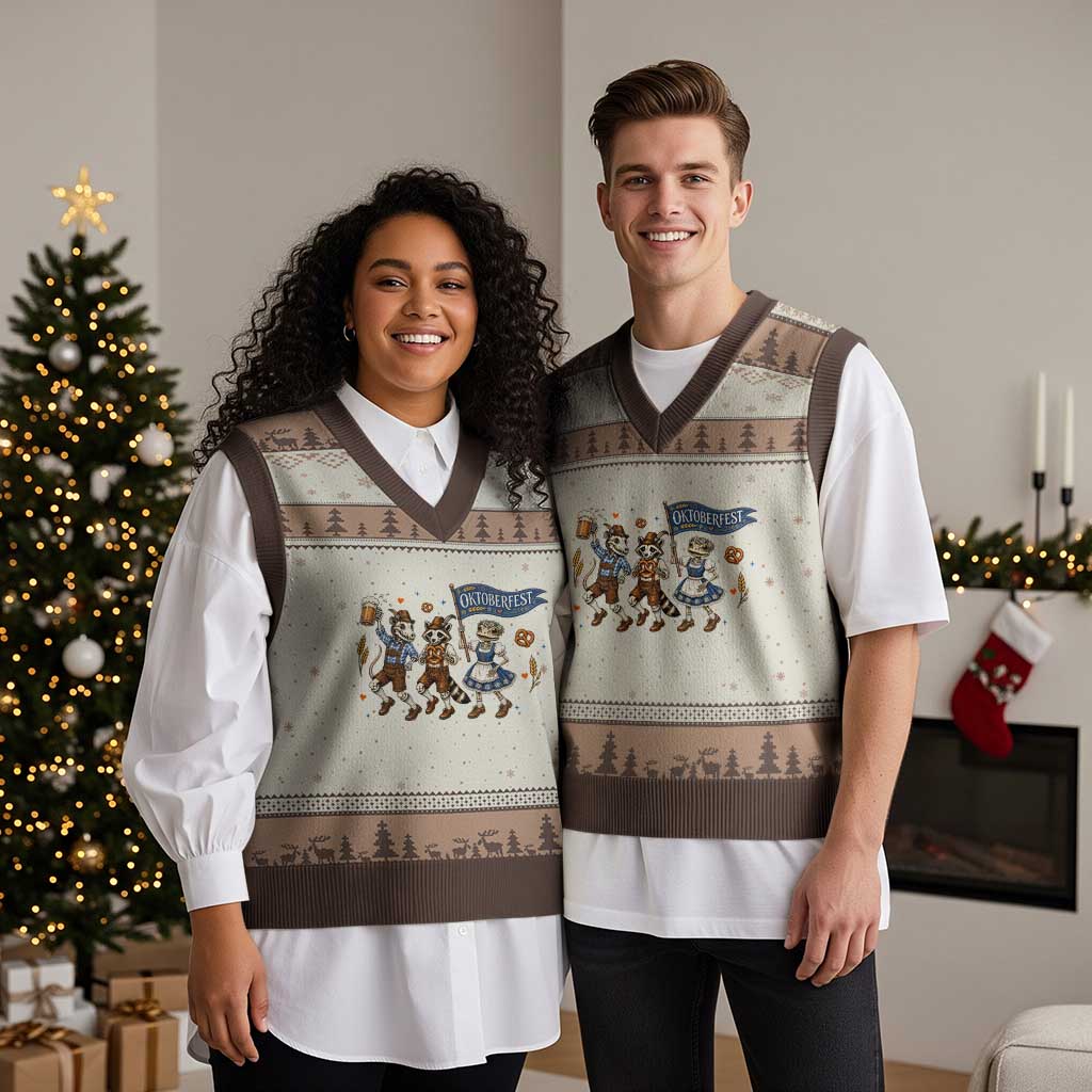 Funny Opossum Raccoon Frog Oktoberfest Beer Graphic V-Neck Knit Sweater Vest Spooky Drinking Team