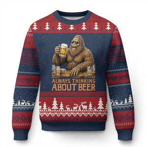 Funny Bigfoot Always Thinking About Beer Ugly Christmas Sweater Beer Drinker Gift