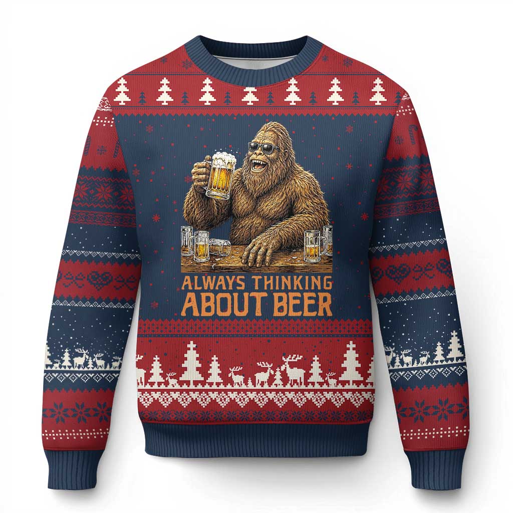Funny Bigfoot Always Thinking About Beer Ugly Christmas Sweater Beer Drinker Gift TS12 Navy Red Print Your Wear