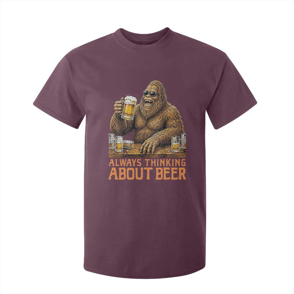 Funny Bigfoot Always Thinking About Beer T Shirt For Kid Beer Drinker Gift