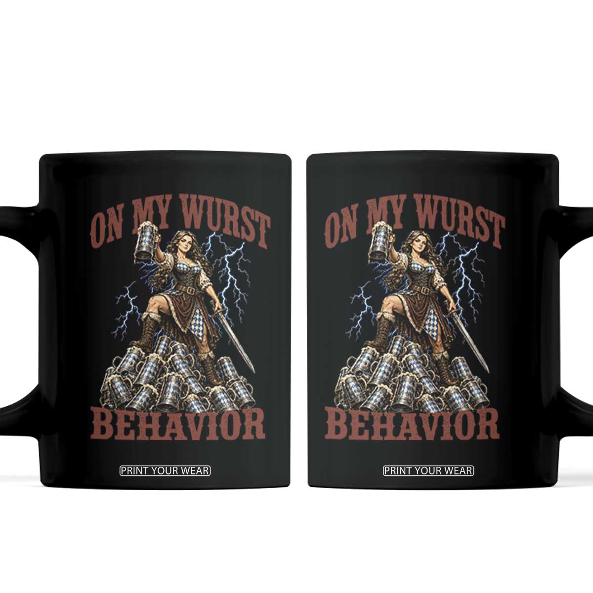 Bavarian Warrior Woman Drinking Beer Oktoberfest Graphic Coffee Mug On My Wurst Behavior TS12 Black Print Your Wear