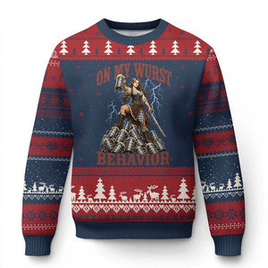 Bavarian Warrior Woman Drinking Beer Oktoberfest Graphic Ugly Christmas Sweater On My Wurst Behavior