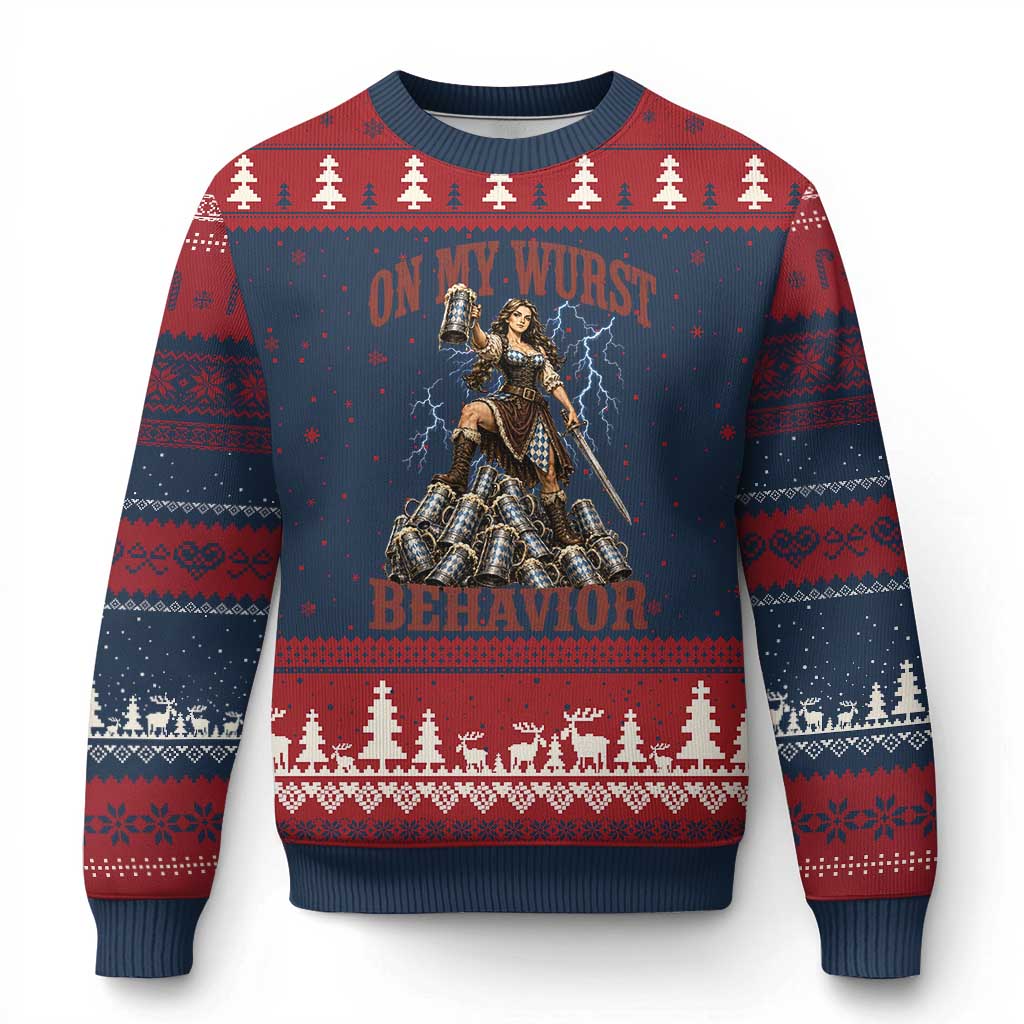 Bavarian Warrior Woman Drinking Beer Oktoberfest Graphic Ugly Christmas Sweater On My Wurst Behavior TS12 Navy Red Print Your Wear