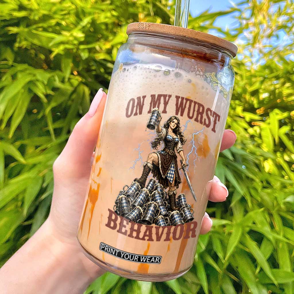 Bavarian Warrior Woman Drinking Beer Oktoberfest Graphic Glass Can On My Wurst Behavior TS12 Black Print Your Wear