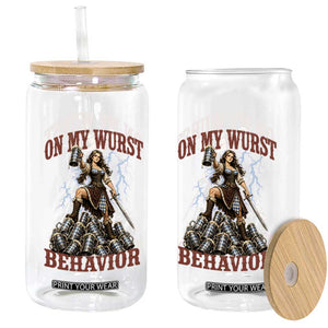 Bavarian Warrior Woman Drinking Beer Oktoberfest Graphic Glass Can On My Wurst Behavior