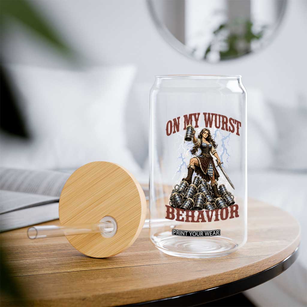 Bavarian Warrior Woman Drinking Beer Oktoberfest Graphic Glass Can On My Wurst Behavior