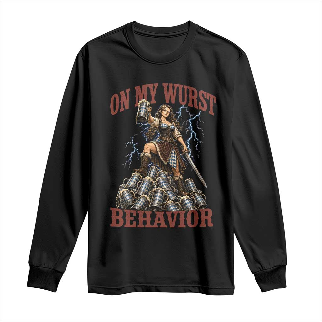 Bavarian Warrior Woman Drinking Beer Oktoberfest Graphic Long Sleeve Shirt On My Wurst Behavior TS12 Black Print Your Wear