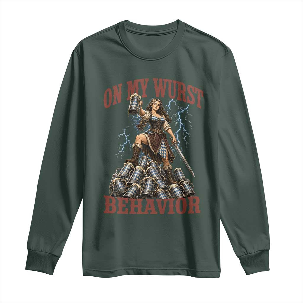Bavarian Warrior Woman Drinking Beer Oktoberfest Graphic Long Sleeve Shirt On My Wurst Behavior