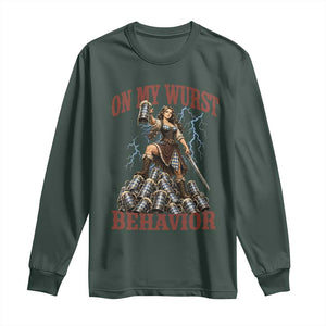 Bavarian Warrior Woman Drinking Beer Oktoberfest Graphic Long Sleeve Shirt On My Wurst Behavior