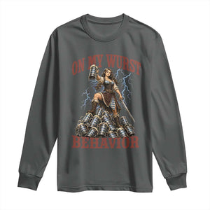Bavarian Warrior Woman Drinking Beer Oktoberfest Graphic Long Sleeve Shirt On My Wurst Behavior