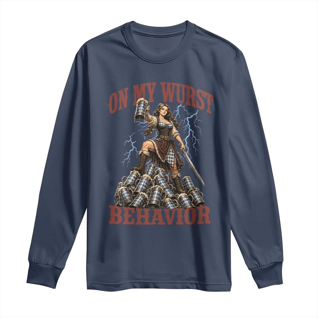 Bavarian Warrior Woman Drinking Beer Oktoberfest Graphic Long Sleeve Shirt On My Wurst Behavior