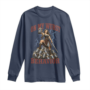 Bavarian Warrior Woman Drinking Beer Oktoberfest Graphic Long Sleeve Shirt On My Wurst Behavior
