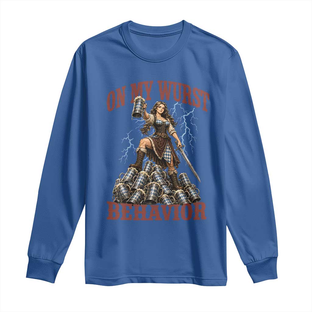 Bavarian Warrior Woman Drinking Beer Oktoberfest Graphic Long Sleeve Shirt On My Wurst Behavior