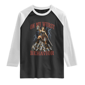 Bavarian Warrior Woman Drinking Beer Oktoberfest Graphic Raglan Shirt On My Wurst Behavior