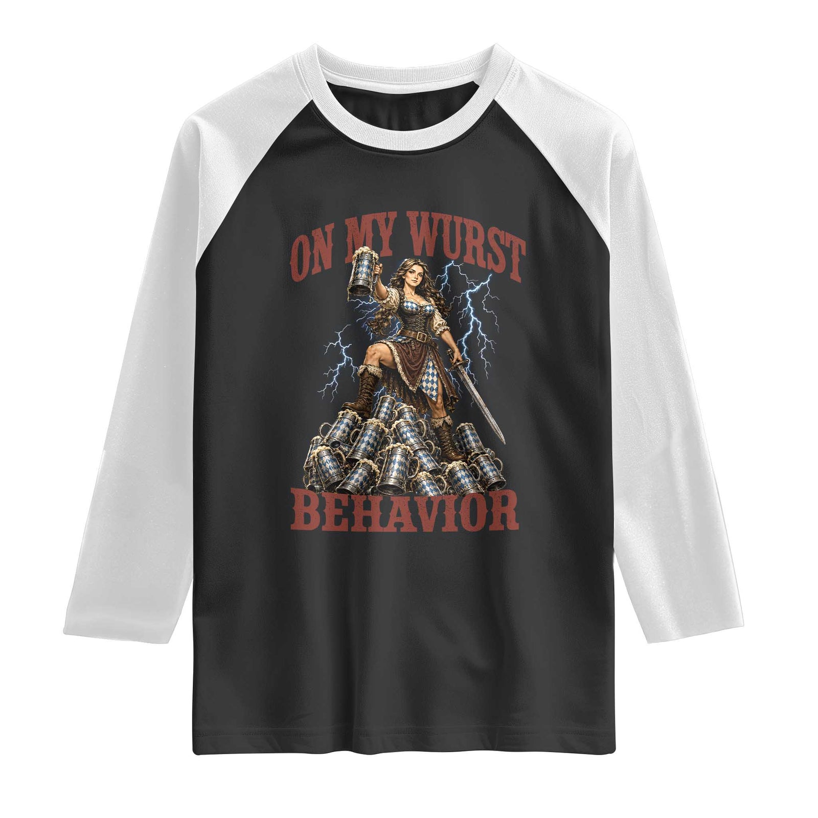 Bavarian Warrior Woman Drinking Beer Oktoberfest Graphic Raglan Shirt On My Wurst Behavior TS12 Black White Print Your Wear