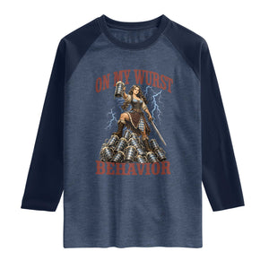 Bavarian Warrior Woman Drinking Beer Oktoberfest Graphic Raglan Shirt On My Wurst Behavior