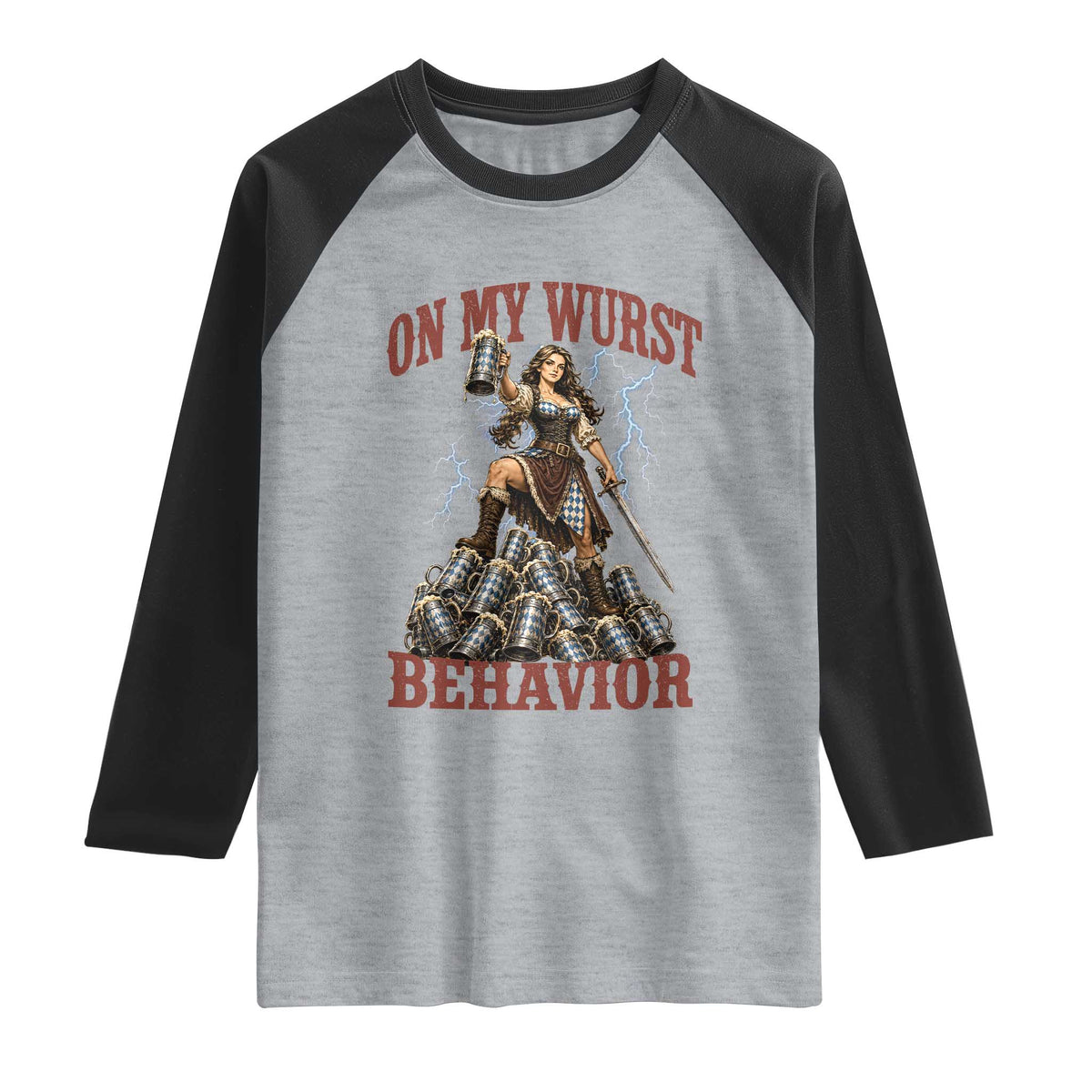 Bavarian Warrior Woman Drinking Beer Oktoberfest Graphic Raglan Shirt On My Wurst Behavior