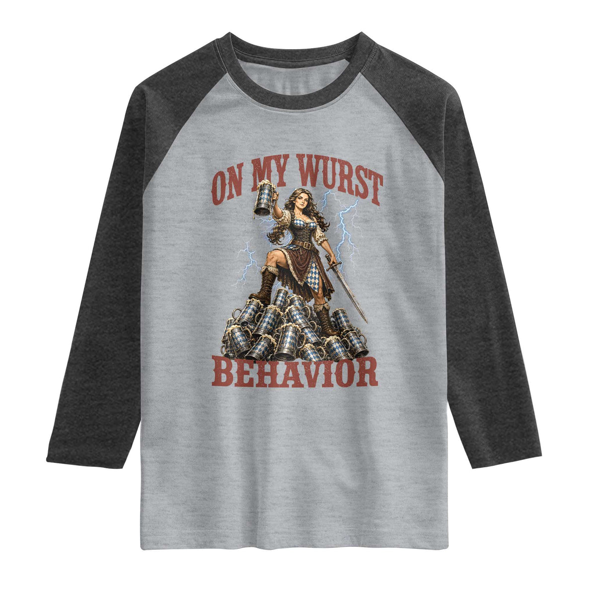 Bavarian Warrior Woman Drinking Beer Oktoberfest Graphic Raglan Shirt On My Wurst Behavior