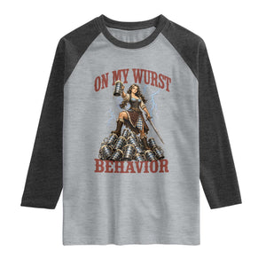 Bavarian Warrior Woman Drinking Beer Oktoberfest Graphic Raglan Shirt On My Wurst Behavior