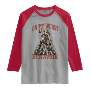 Bavarian Warrior Woman Drinking Beer Oktoberfest Graphic Raglan Shirt On My Wurst Behavior