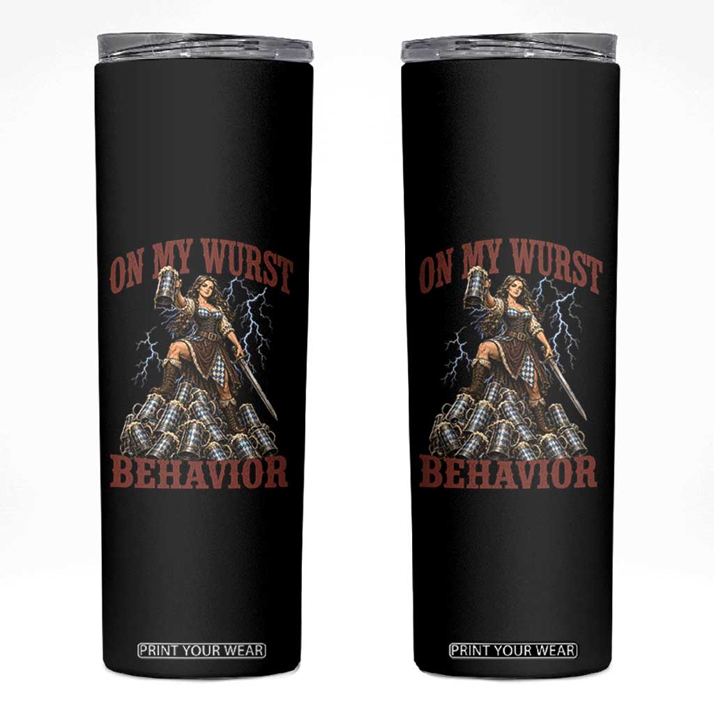Bavarian Warrior Woman Drinking Beer Oktoberfest Graphic Skinny Tumbler On My Wurst Behavior TS12 Black Print Your Wear