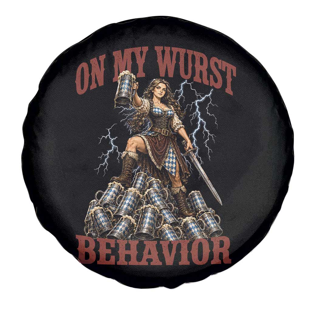 Bavarian Warrior Woman Drinking Beer Oktoberfest Graphic Spare Tire Cover On My Wurst Behavior