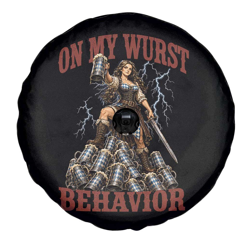 Bavarian Warrior Woman Drinking Beer Oktoberfest Graphic Spare Tire Cover On My Wurst Behavior