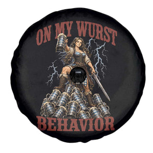 Bavarian Warrior Woman Drinking Beer Oktoberfest Graphic Spare Tire Cover On My Wurst Behavior