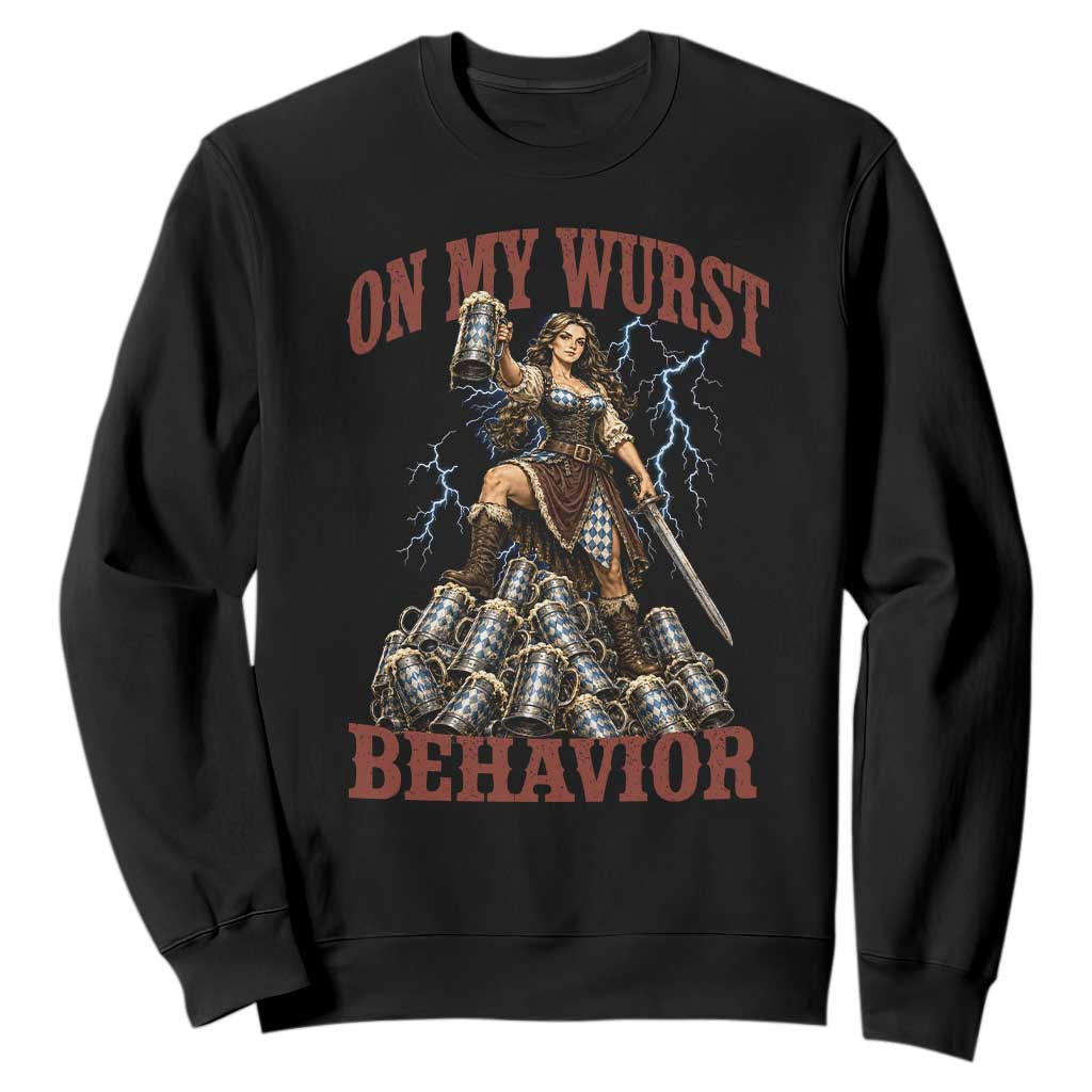 Bavarian Warrior Woman Drinking Beer Oktoberfest Graphic Sweatshirt On My Wurst Behavior TS12 Black Print Your Wear