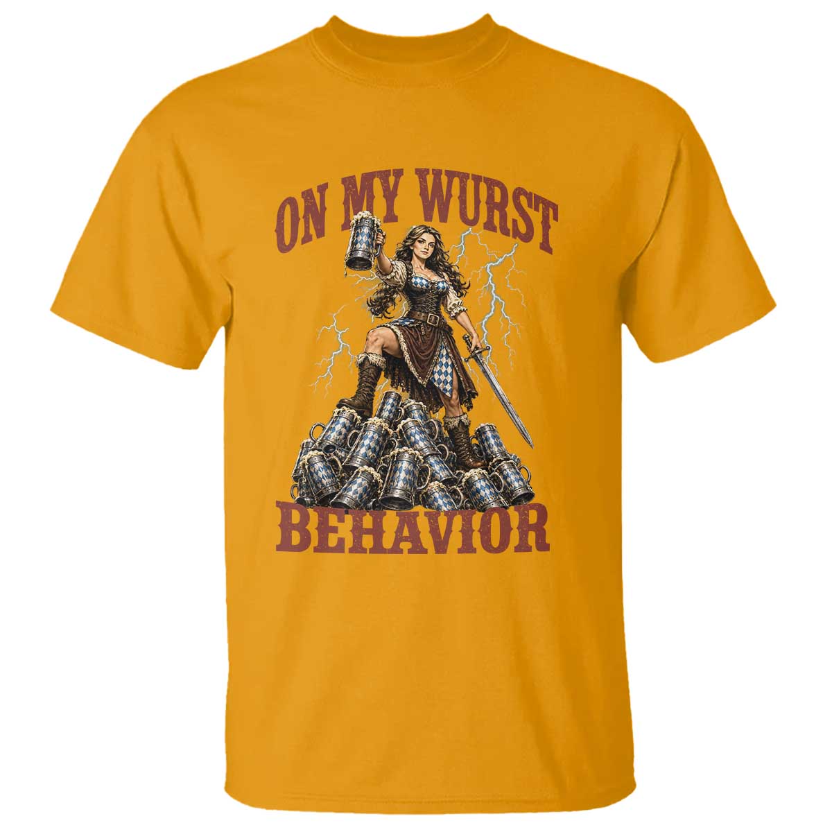 Bavarian Warrior Woman Drinking Beer Oktoberfest Graphic T Shirt On My Wurst Behavior