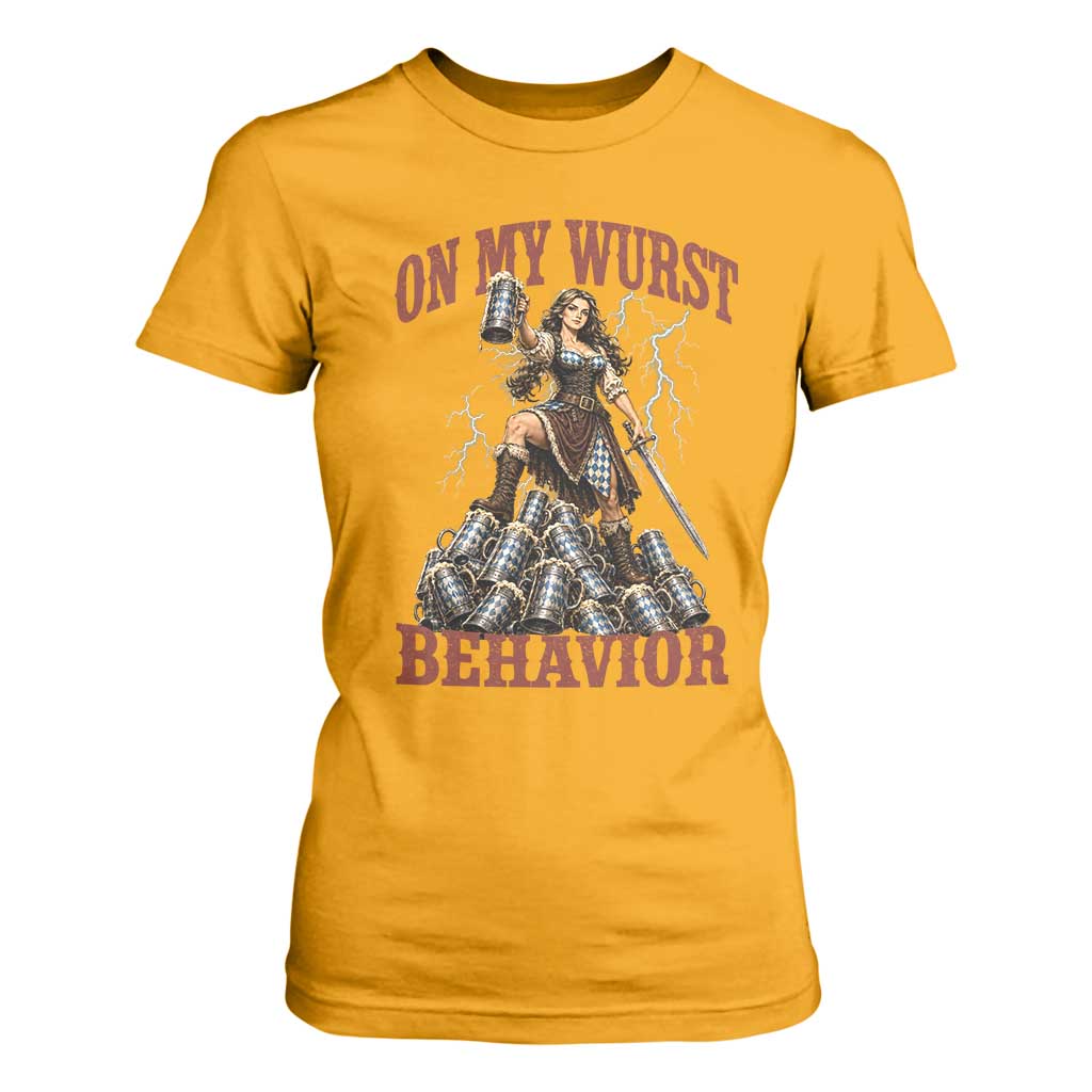 Bavarian Warrior Woman Drinking Beer Oktoberfest Graphic T Shirt For Women On My Wurst Behavior
