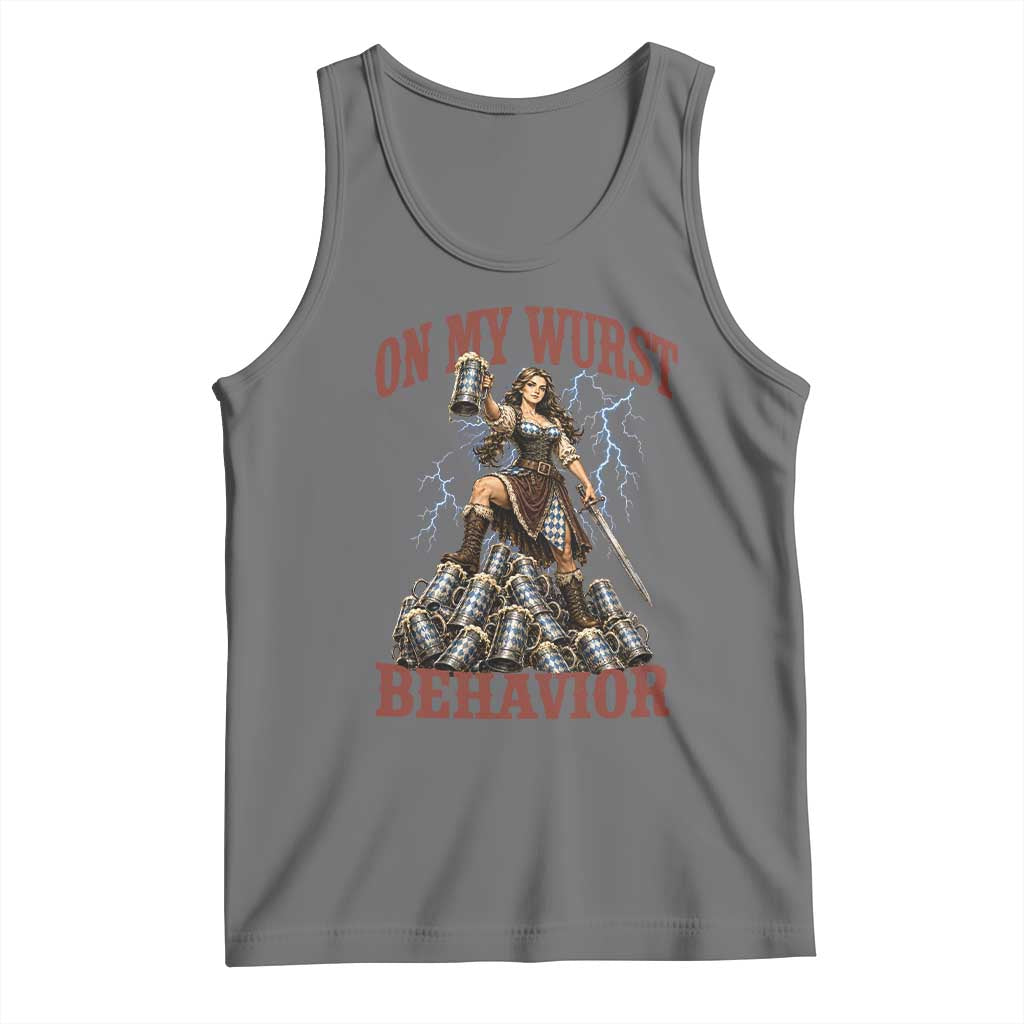 Bavarian Warrior Woman Drinking Beer Oktoberfest Graphic Tank Top On My Wurst Behavior