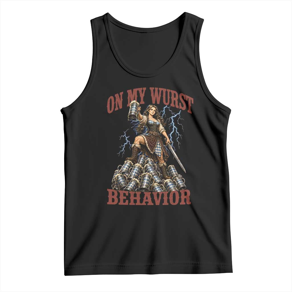 Bavarian Warrior Woman Drinking Beer Oktoberfest Graphic Tank Top On My Wurst Behavior TS12 Black Print Your Wear
