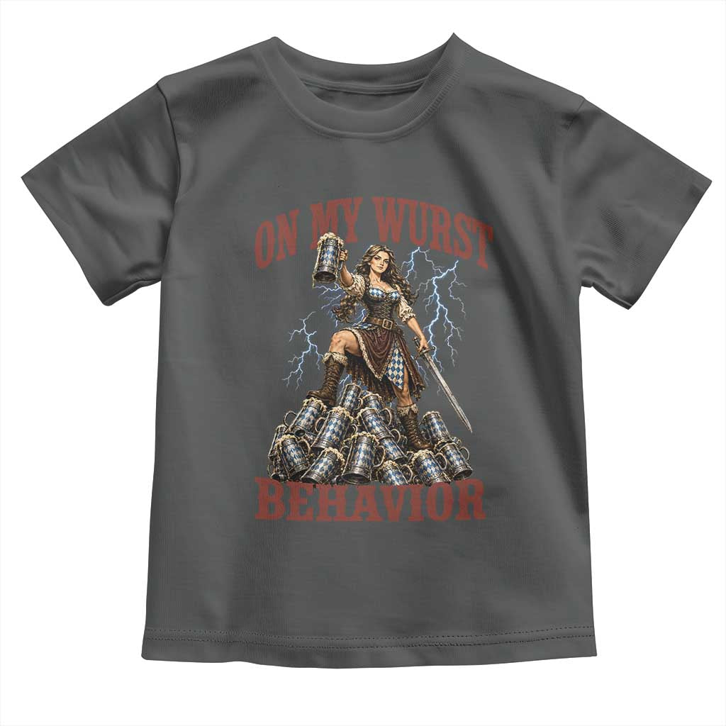 Bavarian Warrior Woman Drinking Beer Oktoberfest Graphic Toddler T Shirt On My Wurst Behavior