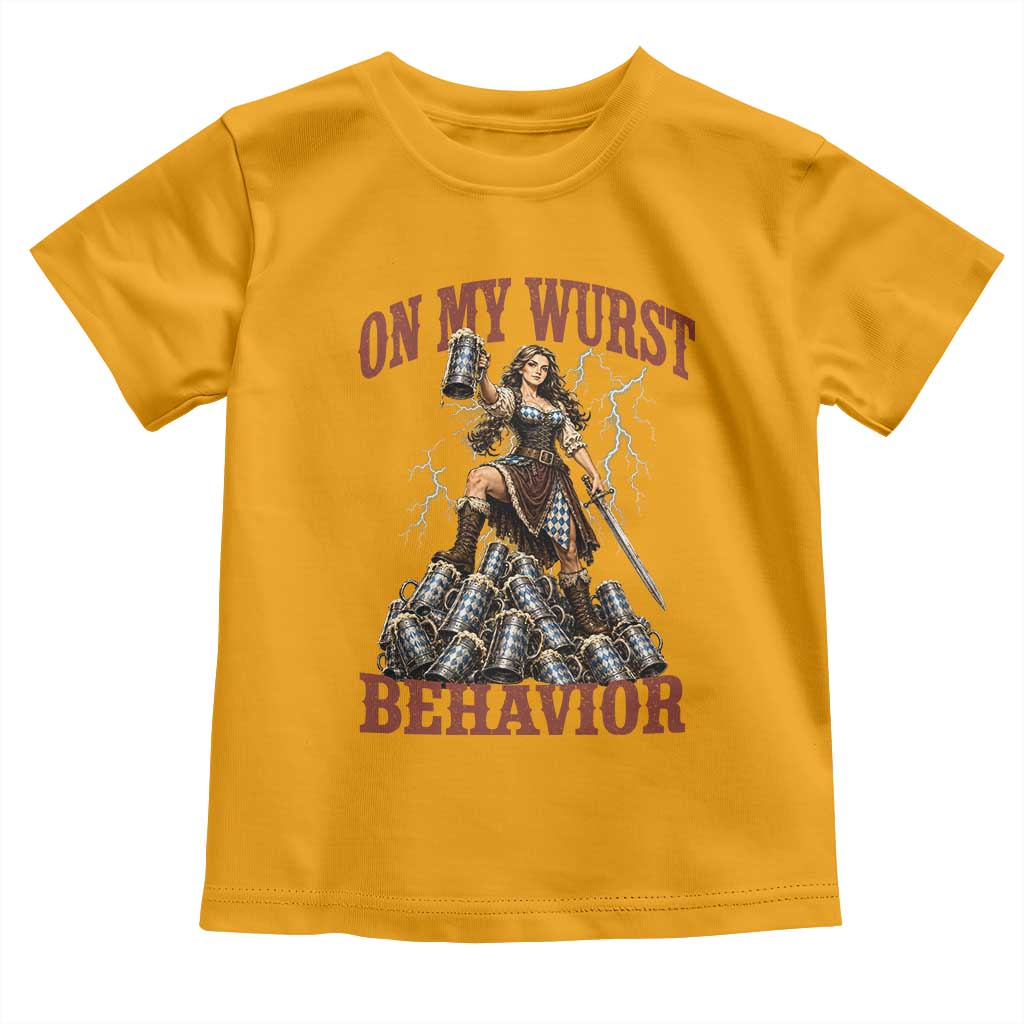 Bavarian Warrior Woman Drinking Beer Oktoberfest Graphic Toddler T Shirt On My Wurst Behavior
