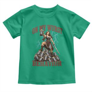 Bavarian Warrior Woman Drinking Beer Oktoberfest Graphic Toddler T Shirt On My Wurst Behavior