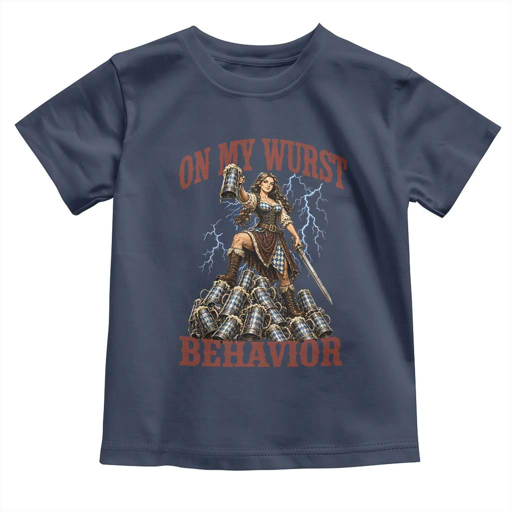 Bavarian Warrior Woman Drinking Beer Oktoberfest Graphic Toddler T Shirt On My Wurst Behavior