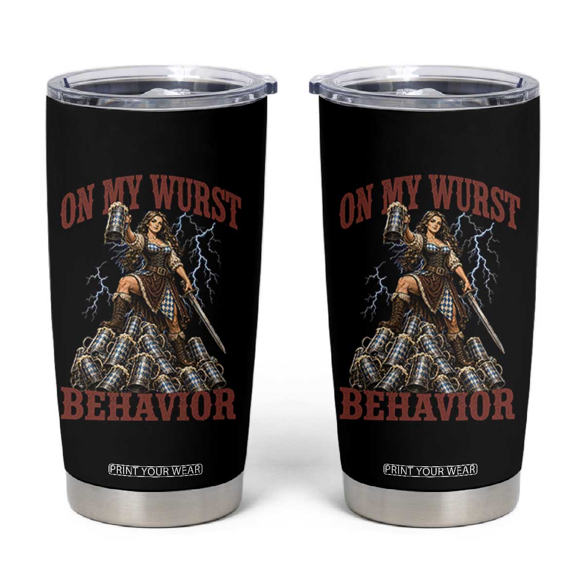 Bavarian Warrior Woman Drinking Beer Oktoberfest Graphic Tumbler Cup On My Wurst Behavior TS12 Black Print Your Wear