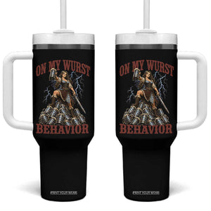 Bavarian Warrior Woman Drinking Beer Oktoberfest Graphic Tumbler With Handle On My Wurst Behavior
