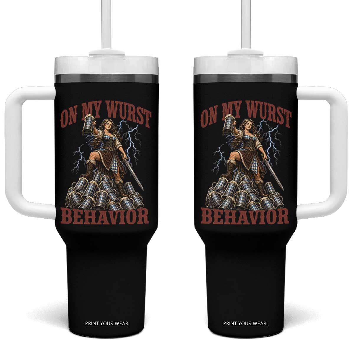 Bavarian Warrior Woman Drinking Beer Oktoberfest Graphic Tumbler With Handle On My Wurst Behavior TS12 One Size: 40 oz Black Print Your Wear