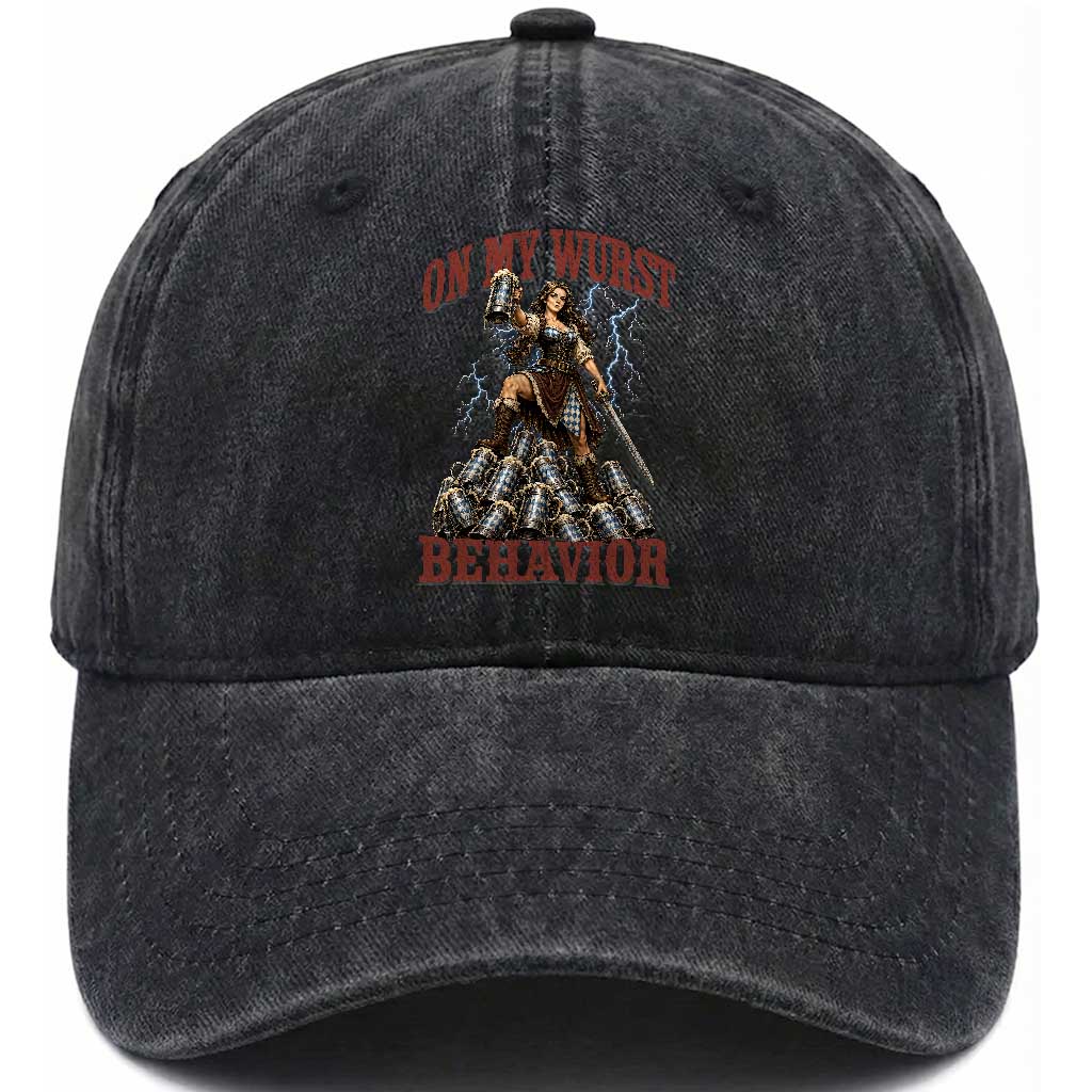 Bavarian Warrior Woman Drinking Beer Oktoberfest Graphic Washed Cotton Baseball Cap On My Wurst Behavior TS12 Print Your Wear