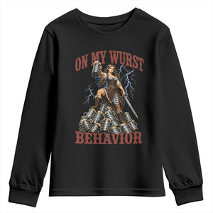 Bavarian Warrior Woman Drinking Beer Oktoberfest Graphic Youth Sweatshirt On My Wurst Behavior