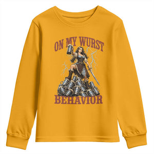 Bavarian Warrior Woman Drinking Beer Oktoberfest Graphic Youth Sweatshirt On My Wurst Behavior