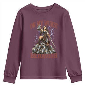 Bavarian Warrior Woman Drinking Beer Oktoberfest Graphic Youth Sweatshirt On My Wurst Behavior