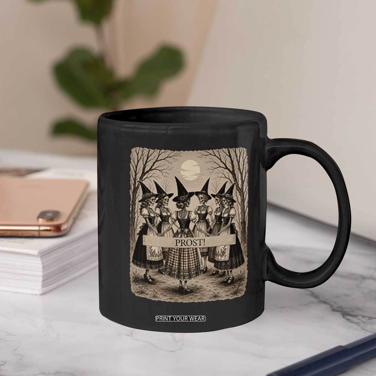 Skeleton Witches Coven Oktoberfest Coffee Mug German Dirndl Spooky Beer Festival Gift