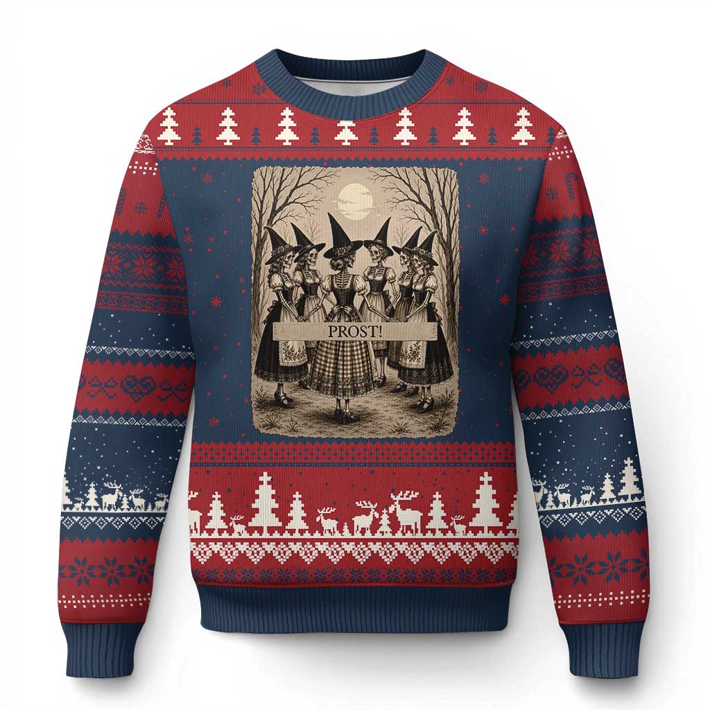 Skeleton Witches Coven Oktoberfest Ugly Christmas Sweater German Dirndl Spooky Beer Festival Gift TS12 Navy Red Print Your Wear